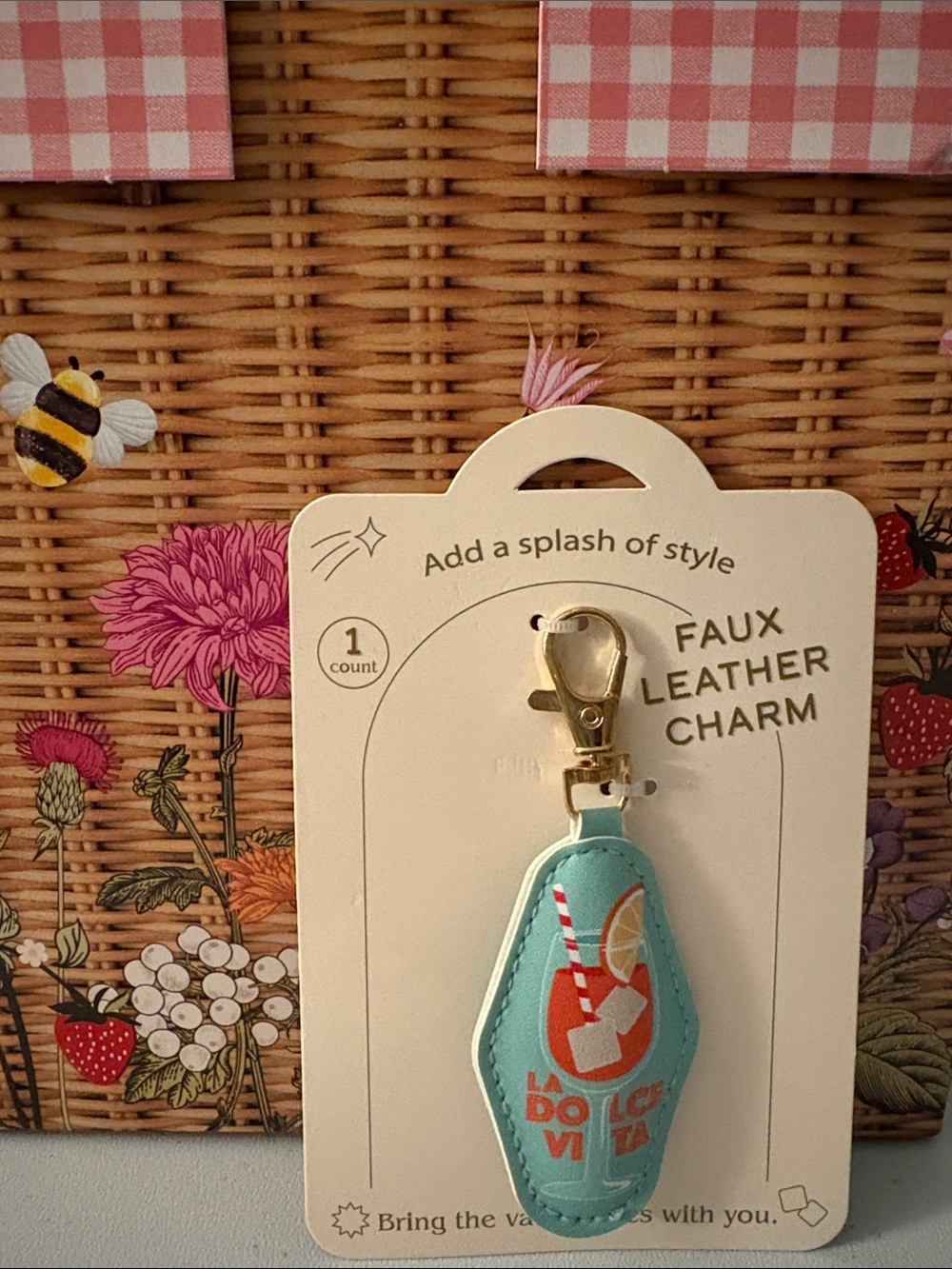 La Dolce Vita Aqua Faux Leather Cocktail Charm Keychain with Gold Clasp
